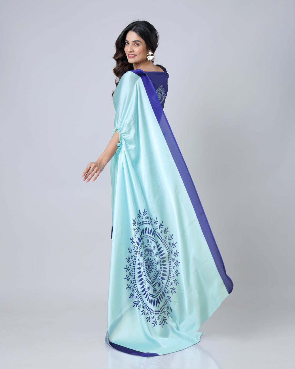 Aqua Blue & Navy Mandala Print Freehand Georgette Satin Saree – Elegant Designer Drape with Ready-to-Wear Finish FREEHANDED