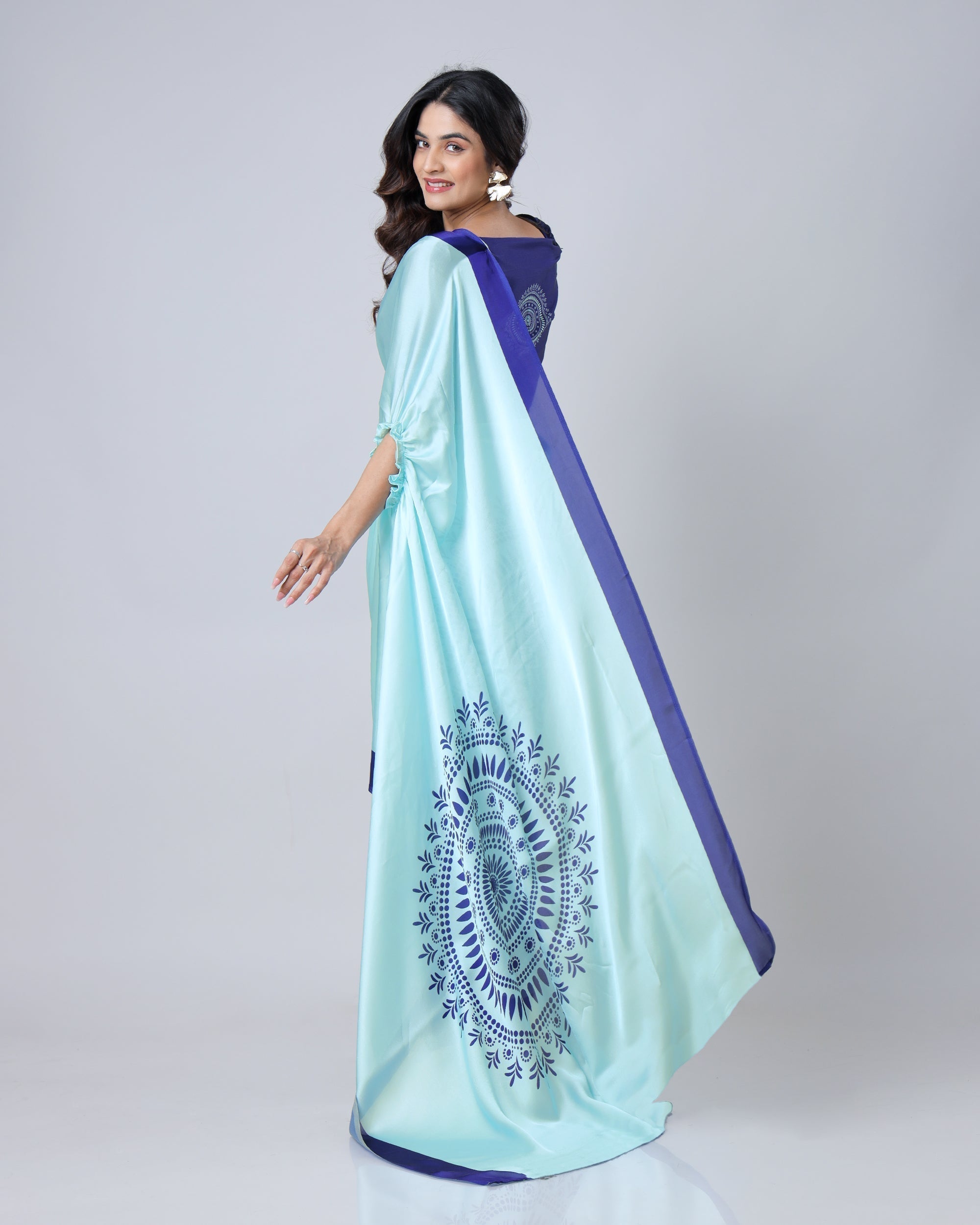 Aqua Blue & Navy Mandala Print Freehand Georgette Satin Saree – Elegant Designer Drape with Ready-to-Wear Finish FREEHANDED