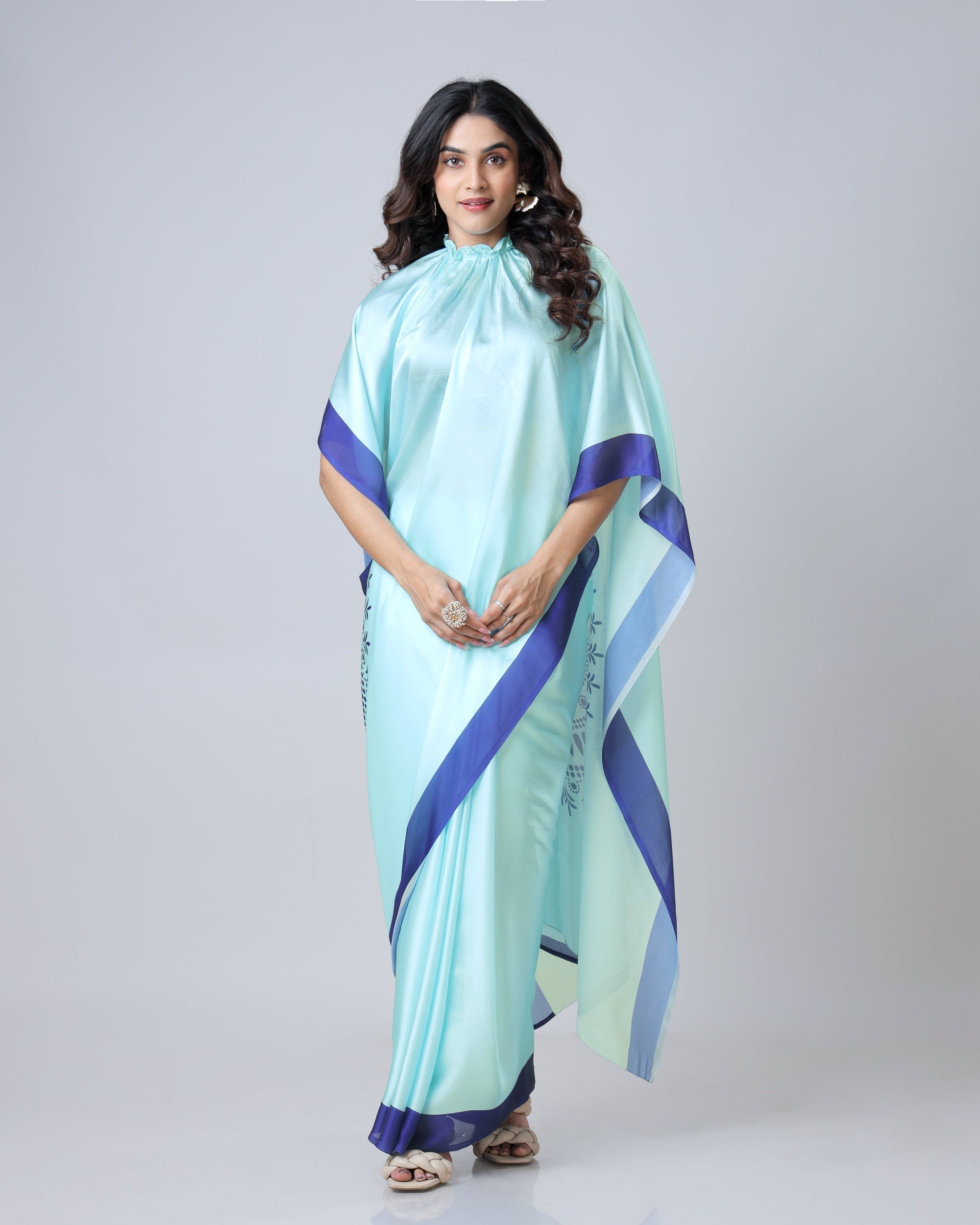 Aqua Blue & Navy Mandala Print Freehand Georgette Satin Saree – Elegant Designer Drape with Ready-to-Wear Finish Secondary image