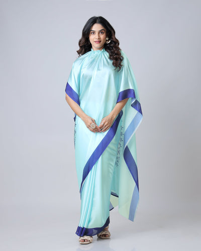 Aqua Blue & Navy Mandala Print Freehand Georgette Satin Saree – Elegant Designer Drape with Ready-to-Wear Finish FREEHANDED