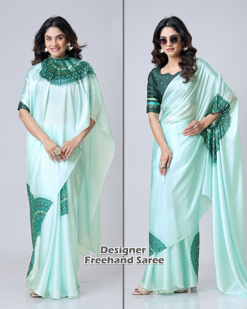 Mint Green Designer Freehand Mandala Print Saree in Georgette Satin – Elegant Ready-to-Wear Drape FREEHANDED