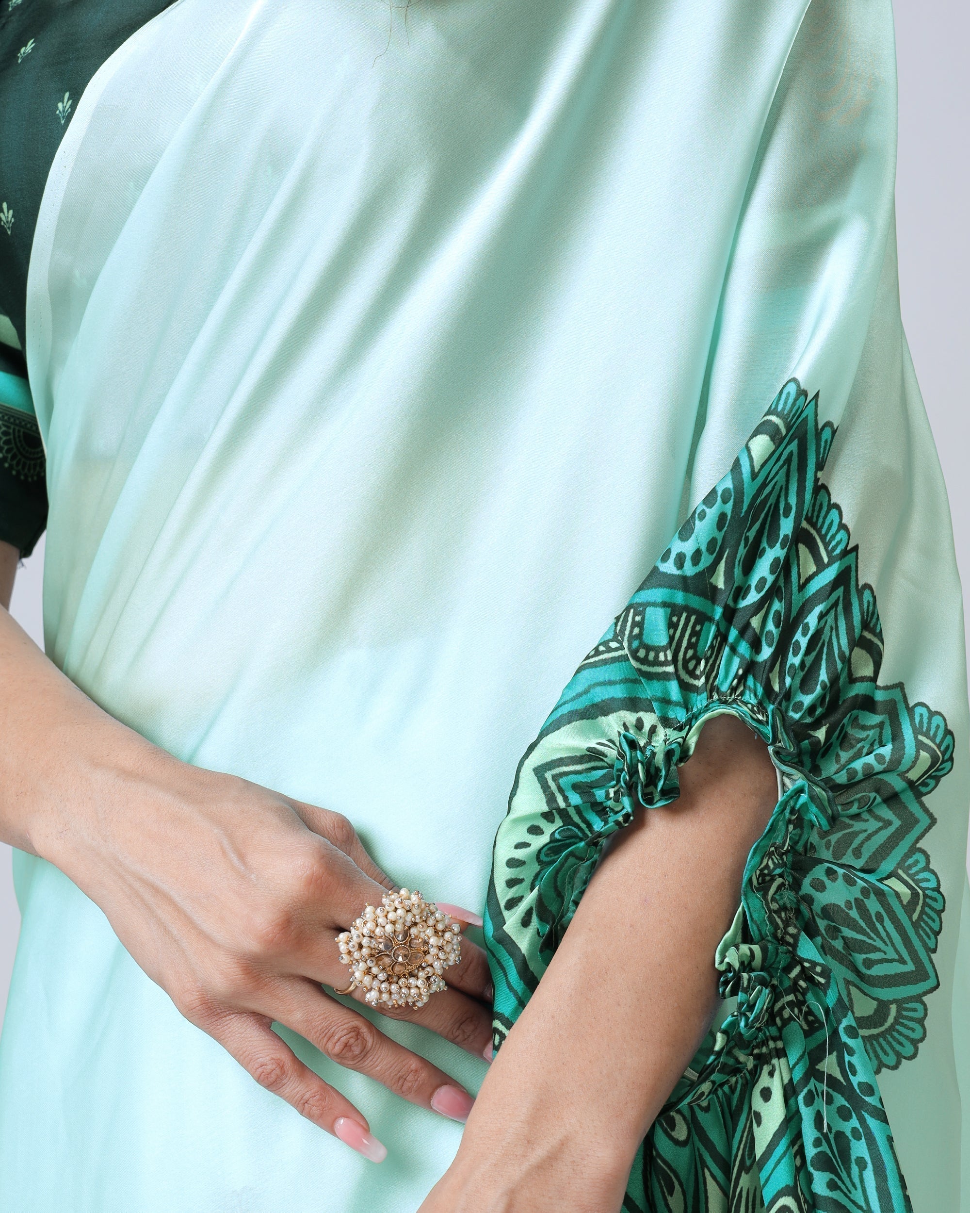 Mint Green Designer Freehand Mandala Print Saree in Georgette Satin – Elegant Ready-to-Wear Drape FREEHANDED