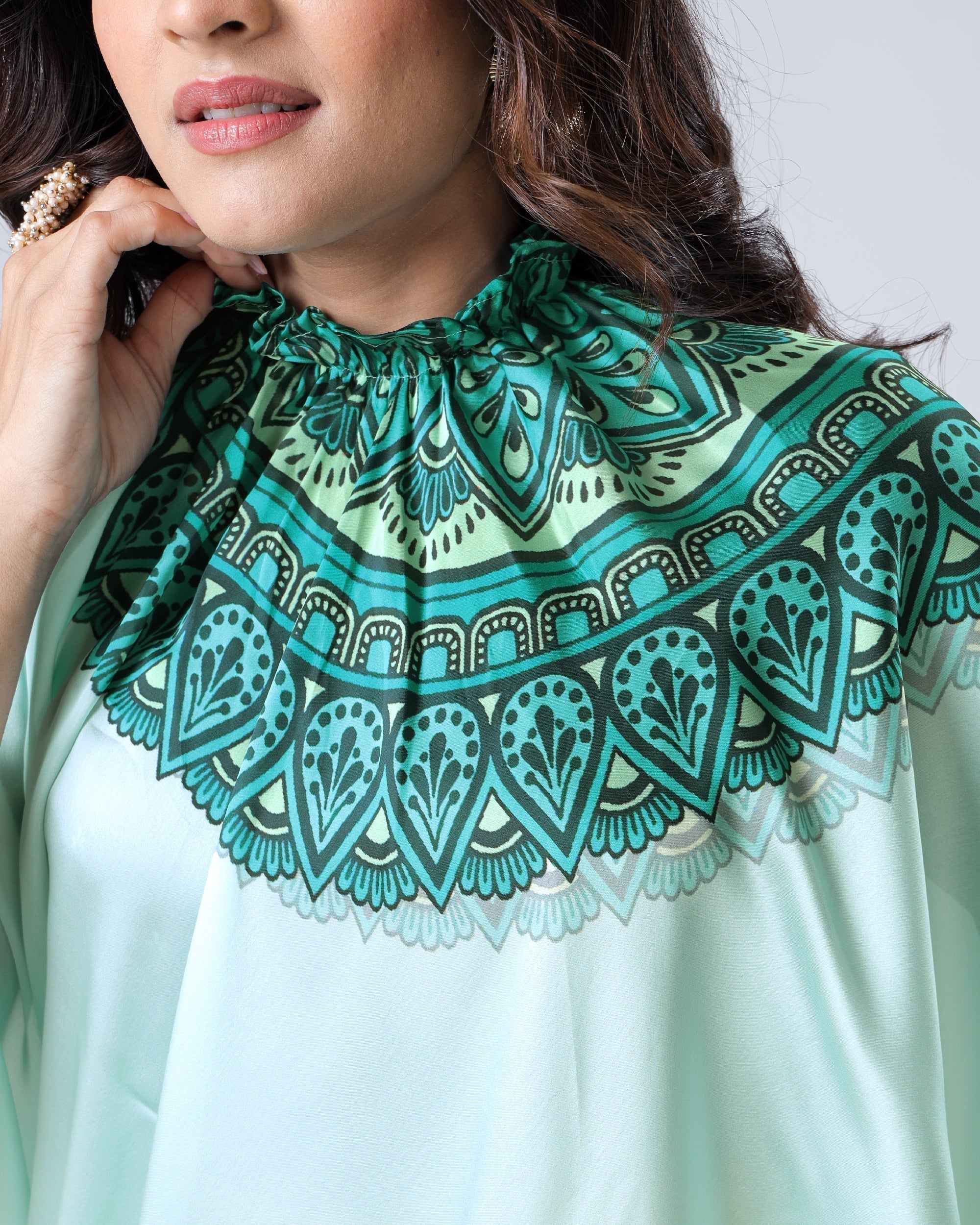 Mint Green Designer Freehand Mandala Print Saree in Georgette Satin – Elegant Ready-to-Wear Drape FREEHANDED