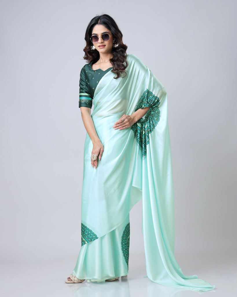 Mint Green Designer Freehand Mandala Print Saree in Georgette Satin – Elegant Ready-to-Wear Drape FREEHANDED