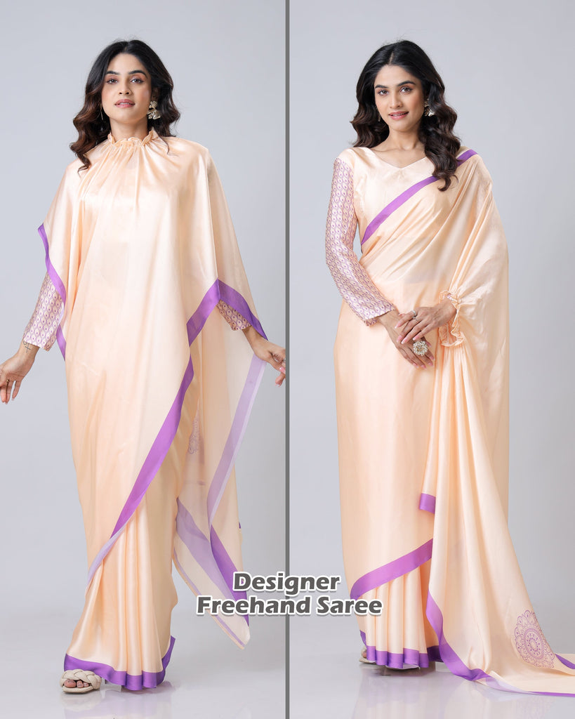 Peach & Lavender Mandala Print Georgette Satin Designer Freehand Saree – Elegant Ready-to-Wear Saree with Blouse FREEHANDED