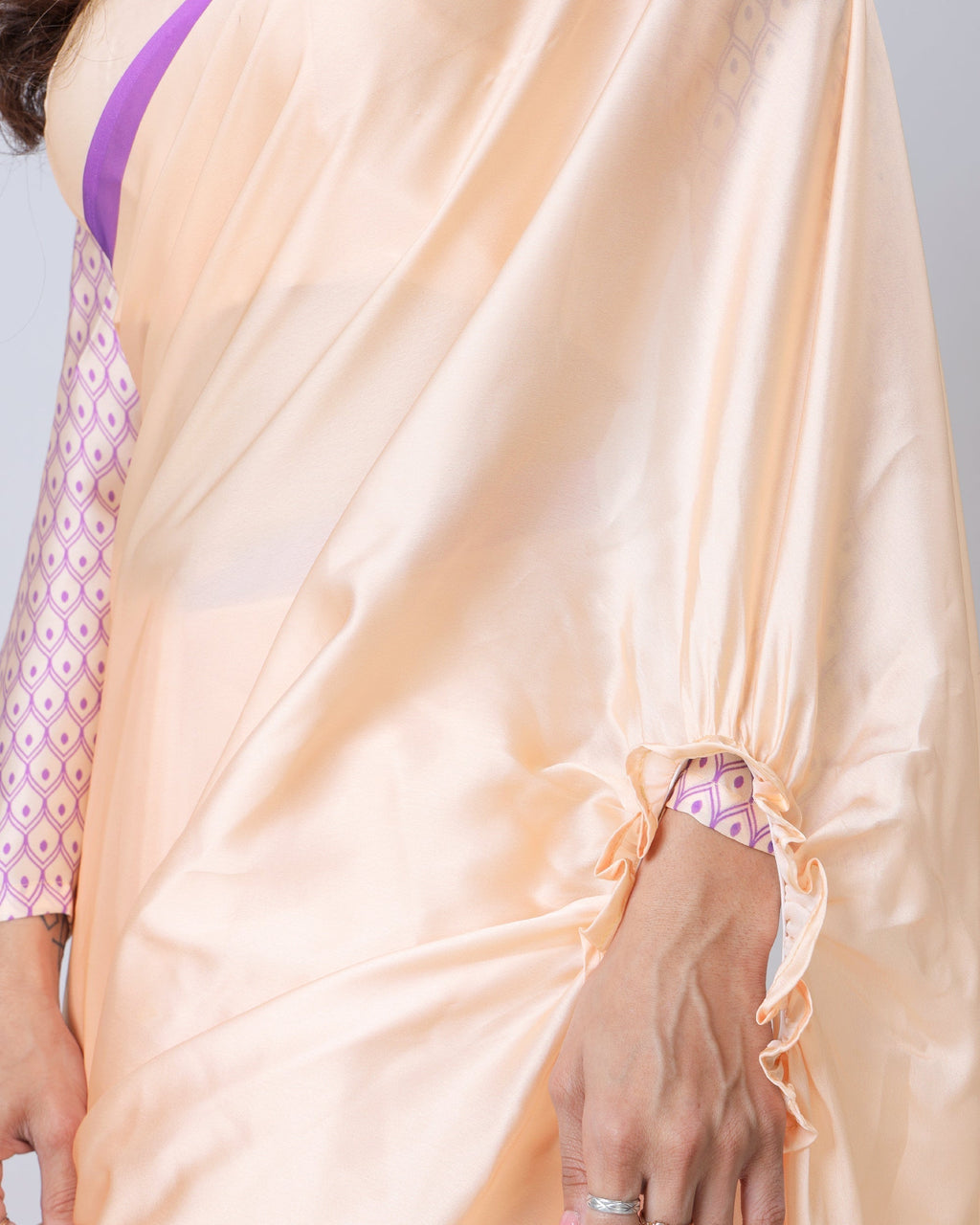 Peach & Lavender Mandala Print Georgette Satin Designer Freehand Saree – Elegant Ready-to-Wear Saree with Blouse FREEHANDED