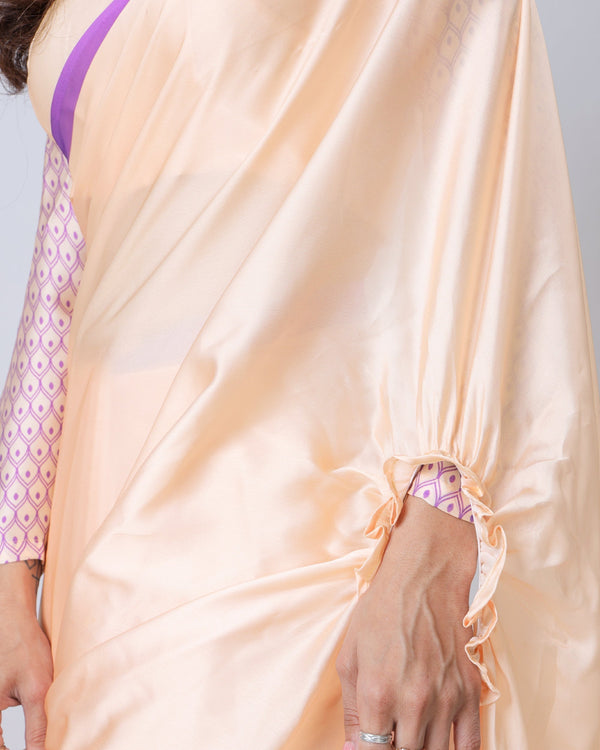 Peach & Lavender Mandala Print Georgette Satin Designer Freehand Saree – Elegant Ready-to-Wear Saree with Blouse FREEHANDED