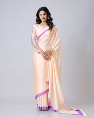 Peach & Lavender Mandala Print Georgette Satin Designer Freehand Saree – Elegant Ready-to-Wear Saree with Blouse FREEHANDED