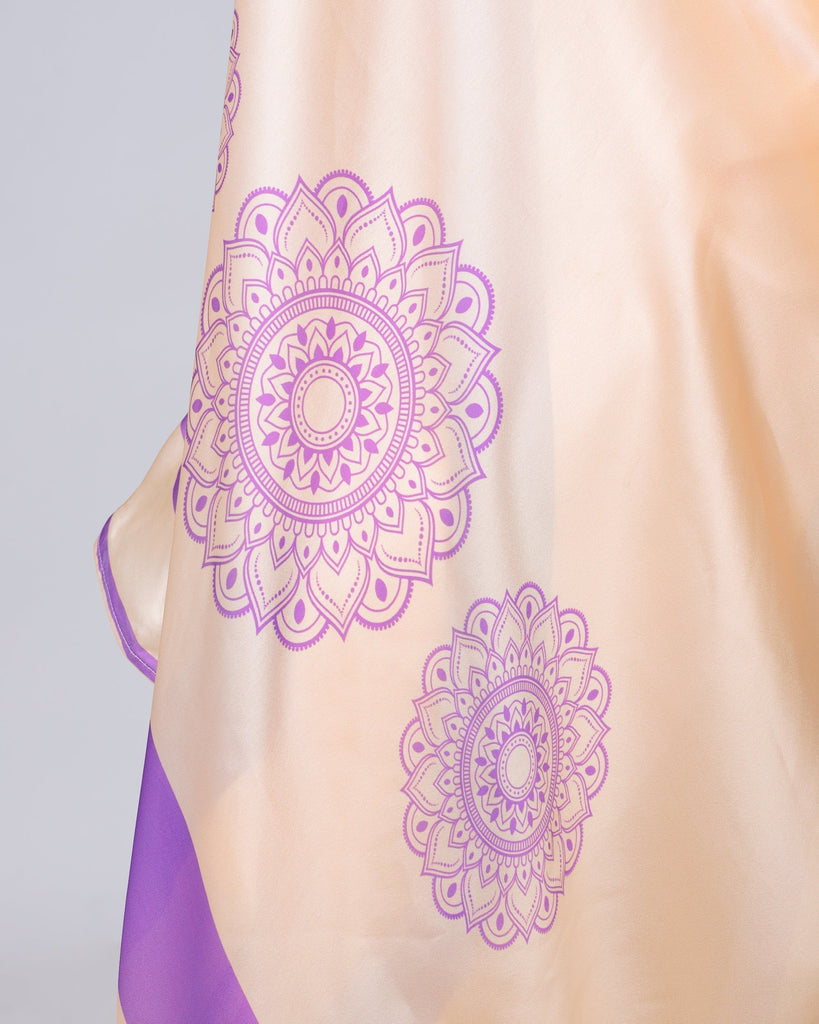 Peach & Lavender Mandala Print Georgette Satin Designer Freehand Saree – Elegant Ready-to-Wear Saree with Blouse FREEHANDED