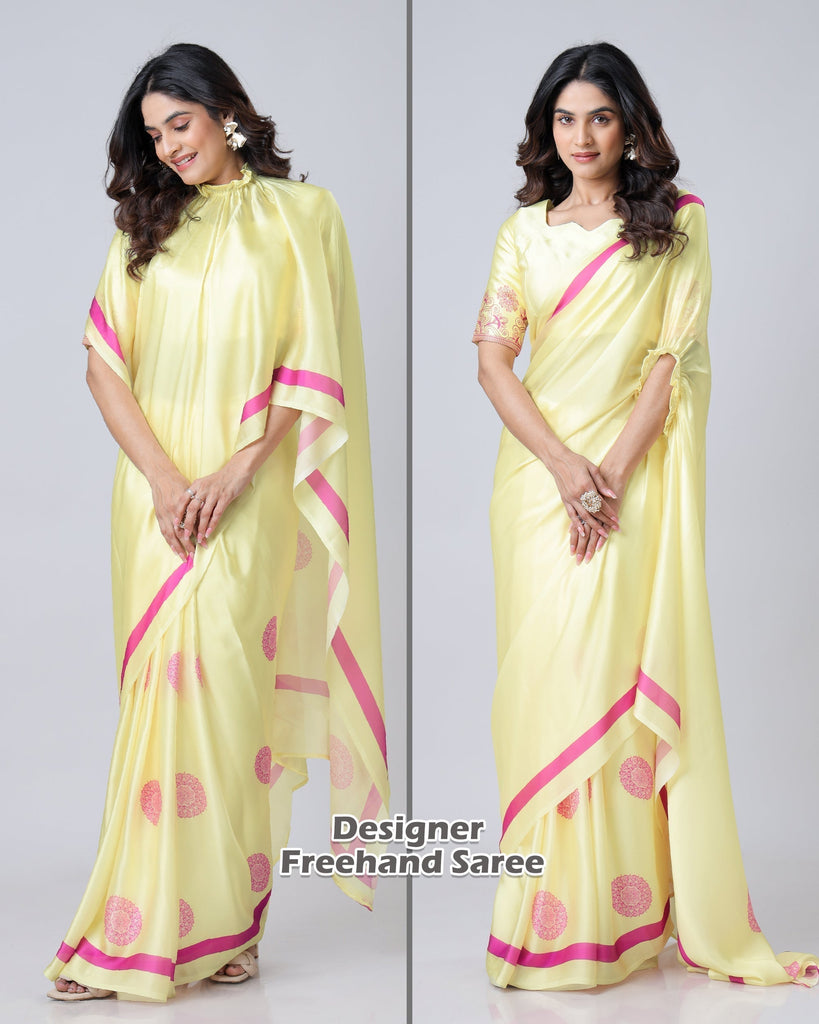 Yellow Georgette Satin Saree with Pink Mandala Freehand Print & Designer Border – Ready to Wear Elegance FREEHANDED
