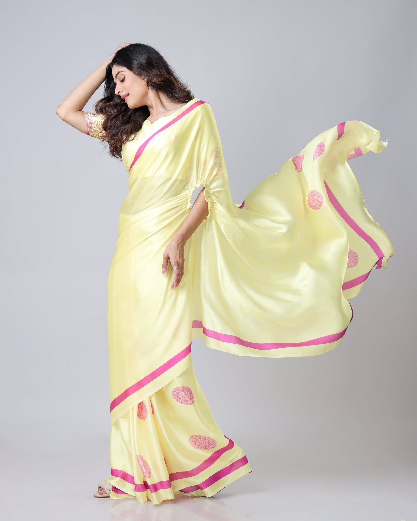 Yellow Georgette Satin Saree with Pink Mandala Freehand Print & Designer Border – Ready to Wear Elegance FREEHANDED