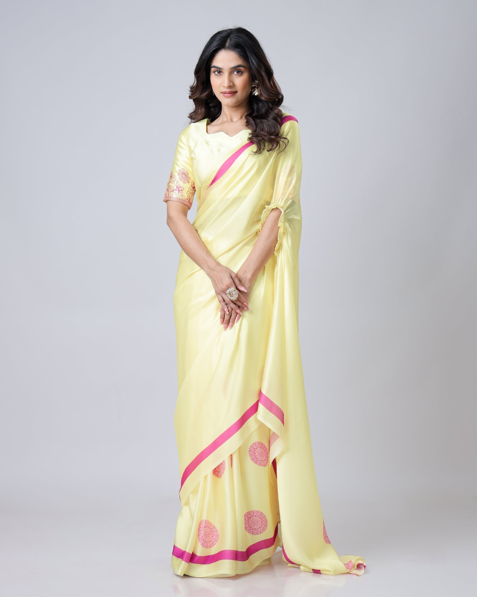 Yellow Georgette Satin Saree with Pink Mandala Freehand Print & Designer Border – Ready to Wear Elegance Secondary image