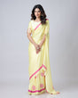 Load image into Gallery viewer, Yellow Georgette Satin Saree with Pink Mandala Freehand Print &amp; Designer Border – Ready to Wear Elegance FREEHANDED