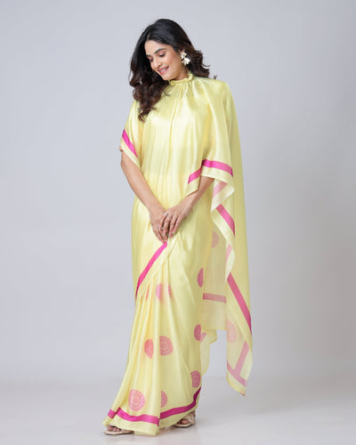 Yellow Georgette Satin Saree with Pink Mandala Freehand Print & Designer Border – Ready to Wear Elegance FREEHANDED