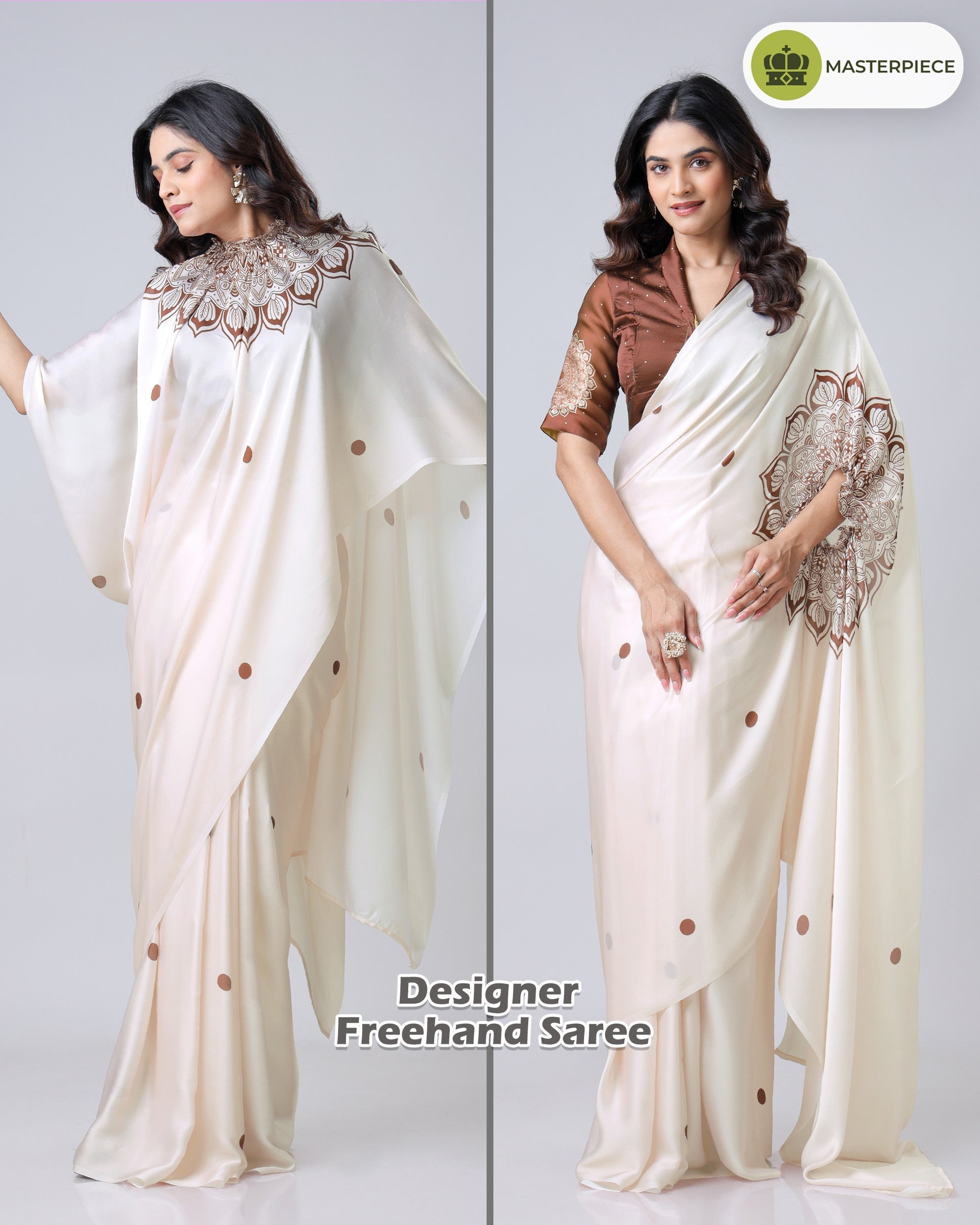 Ivory Georgette Satin Ready-to-Wear Saree with Mandala Freehand Print & Polka Dot Detailing FREEHANDED