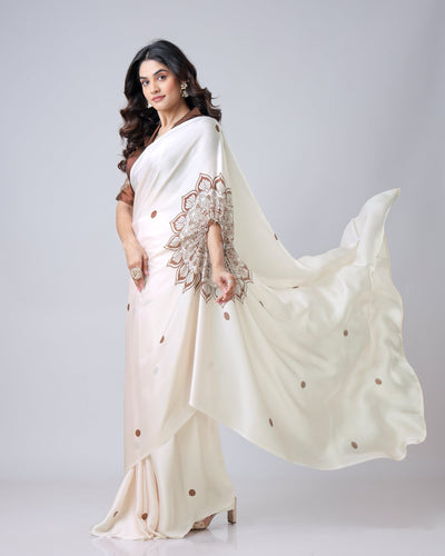 Ivory Georgette Satin Ready-to-Wear Saree with Mandala Freehand Print & Polka Dot Detailing FREEHANDED