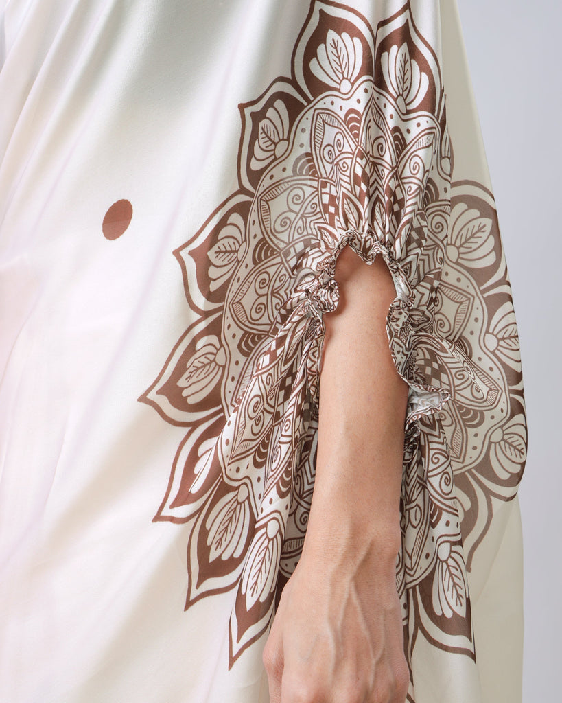 Ivory Georgette Satin Ready-to-Wear Saree with Mandala Freehand Print & Polka Dot Detailing FREEHANDED