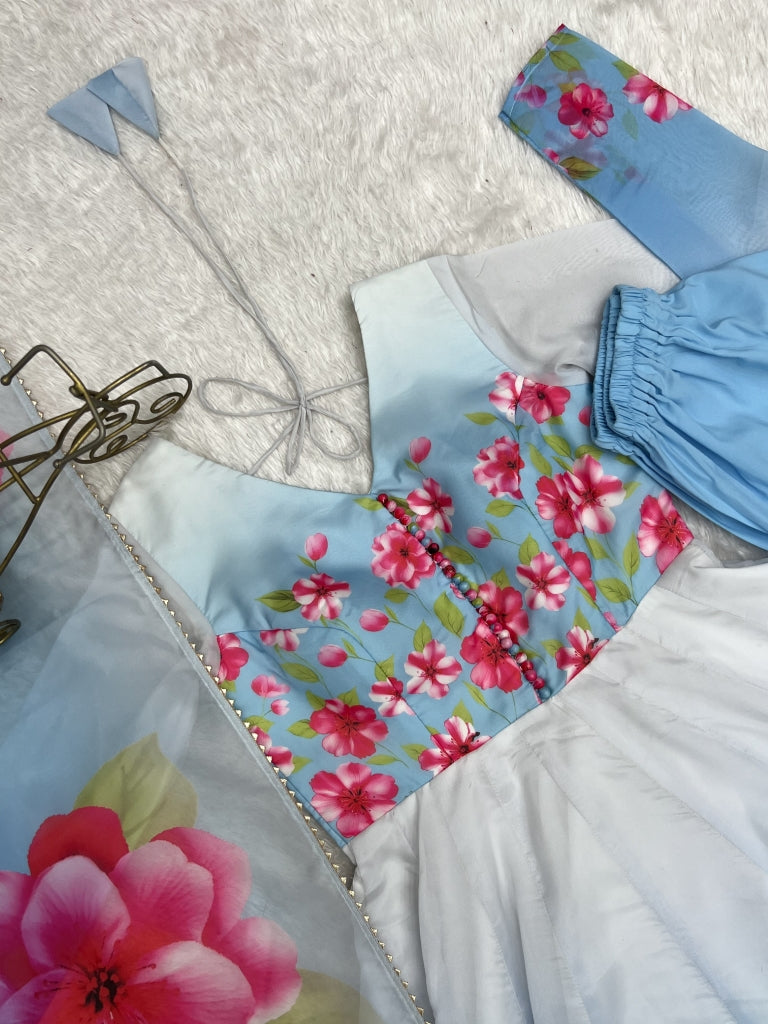 Sky Blue Floral Print Organza Silk Anarkali ClothsVilla