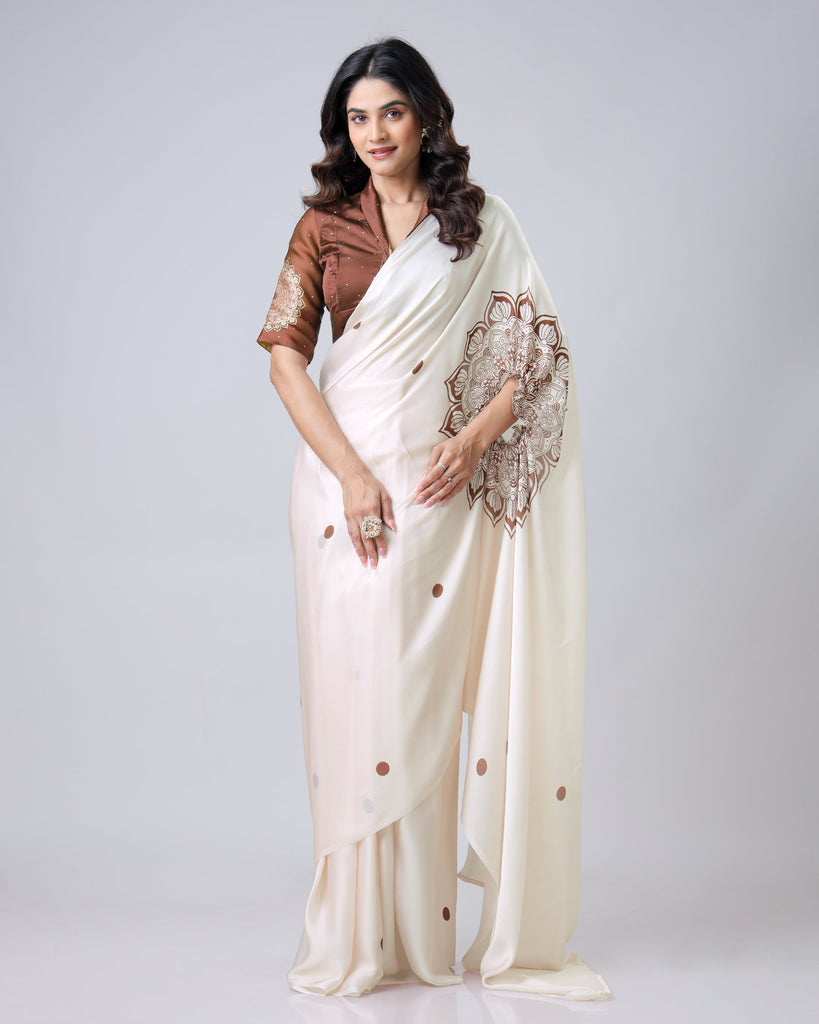 Ivory Georgette Satin Ready-to-Wear Saree with Mandala Freehand Print & Polka Dot Detailing FREEHANDED