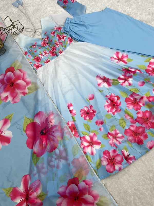Sky Blue Floral Print Organza Silk Anarkali ClothsVilla