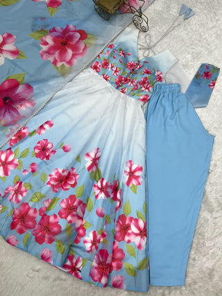 Sky Blue Floral Print Organza Silk Anarkali ClothsVilla