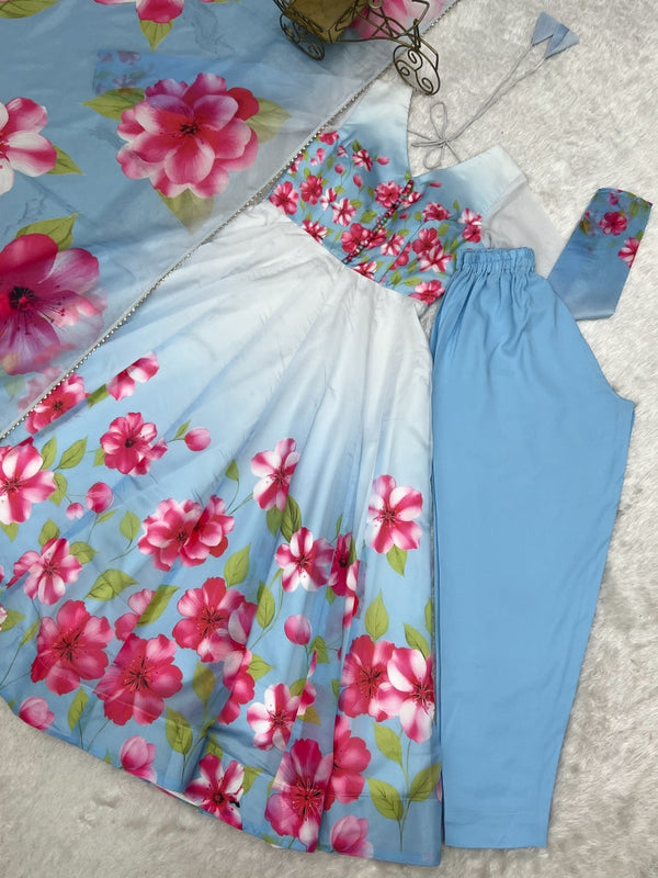 Sky Blue Floral Print Organza Silk Anarkali ClothsVilla