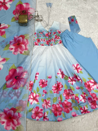 Sky Blue Floral Print Organza Silk Anarkali ClothsVilla