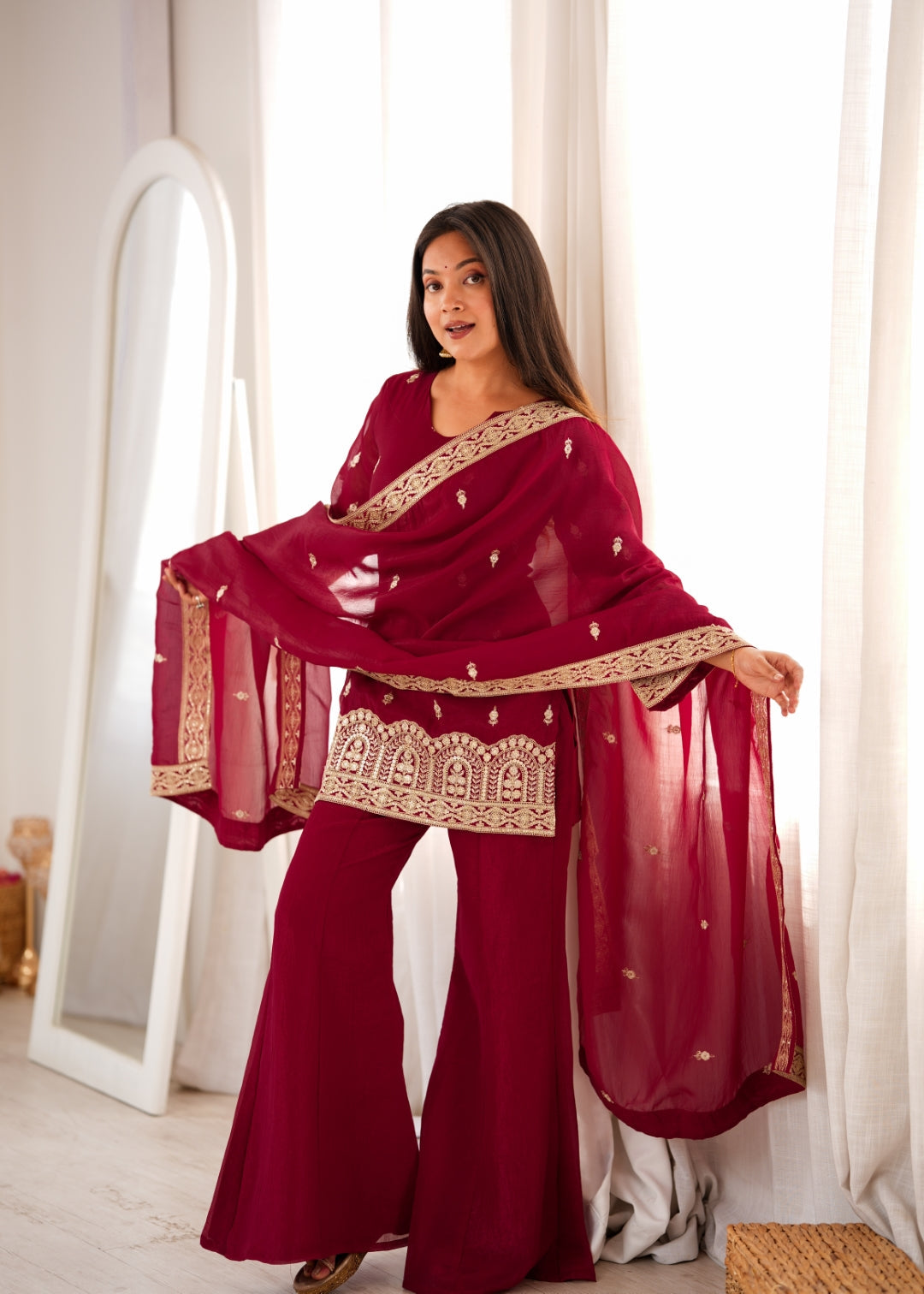 Maroon Embroidered Kurta with Bell Bottom Pant ClothsVilla