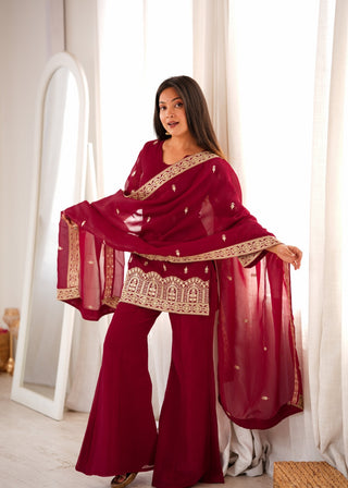 Maroon Embroidered Kurta with Bell Bottom Pant ClothsVilla
