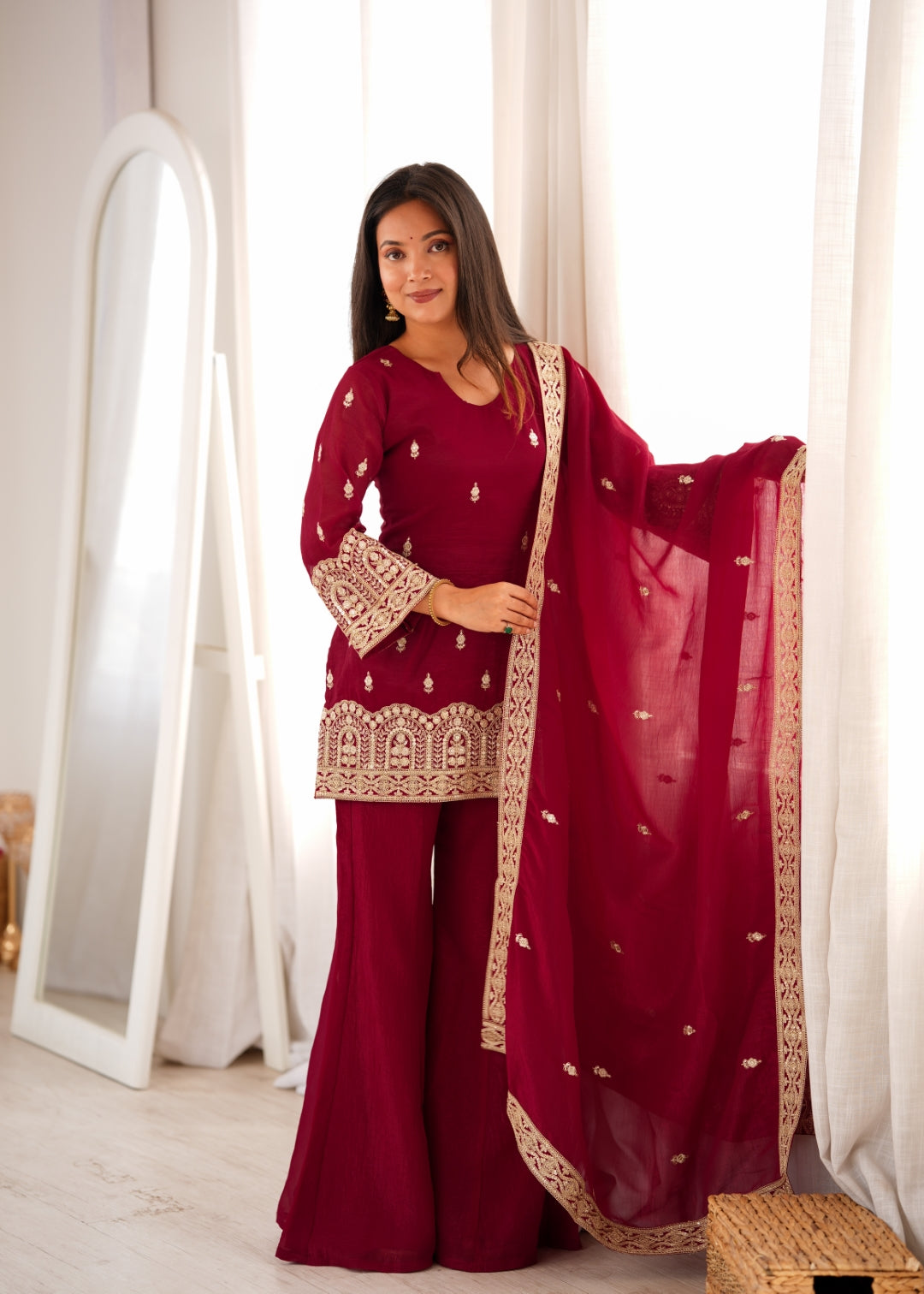 Maroon Embroidered Kurta with Bell Bottom Pant ClothsVilla