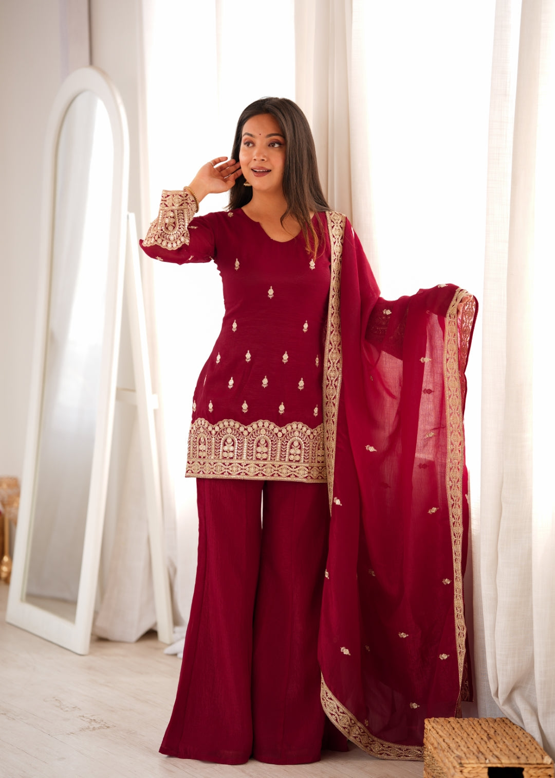 Maroon Embroidered Kurta with Bell Bottom Pant ClothsVilla