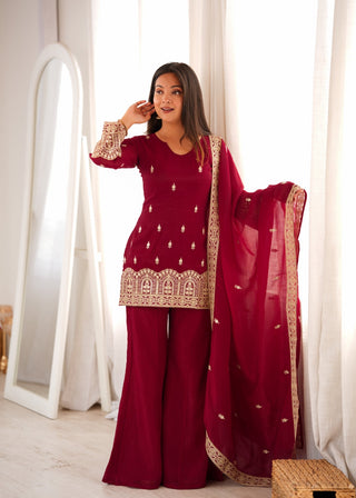 Maroon Embroidered Kurta with Bell Bottom Pant ClothsVilla