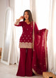 Load image into Gallery viewer, Maroon Embroidered Kurta with Bell Bottom Pant ClothsVilla