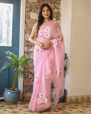 Blush Pink Georgette Saree with Hand-Painted White & Pink Floral Motifs – Attached Blouse – 5.5 Meters FANCY SAREES