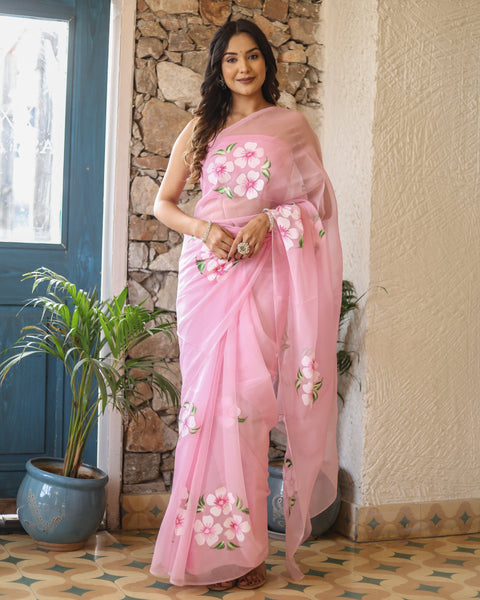 Blush Pink Georgette Saree with Hand-Painted White & Pink Floral Motifs – Attached Blouse – 5.5 Meters FANCY SAREES Main image