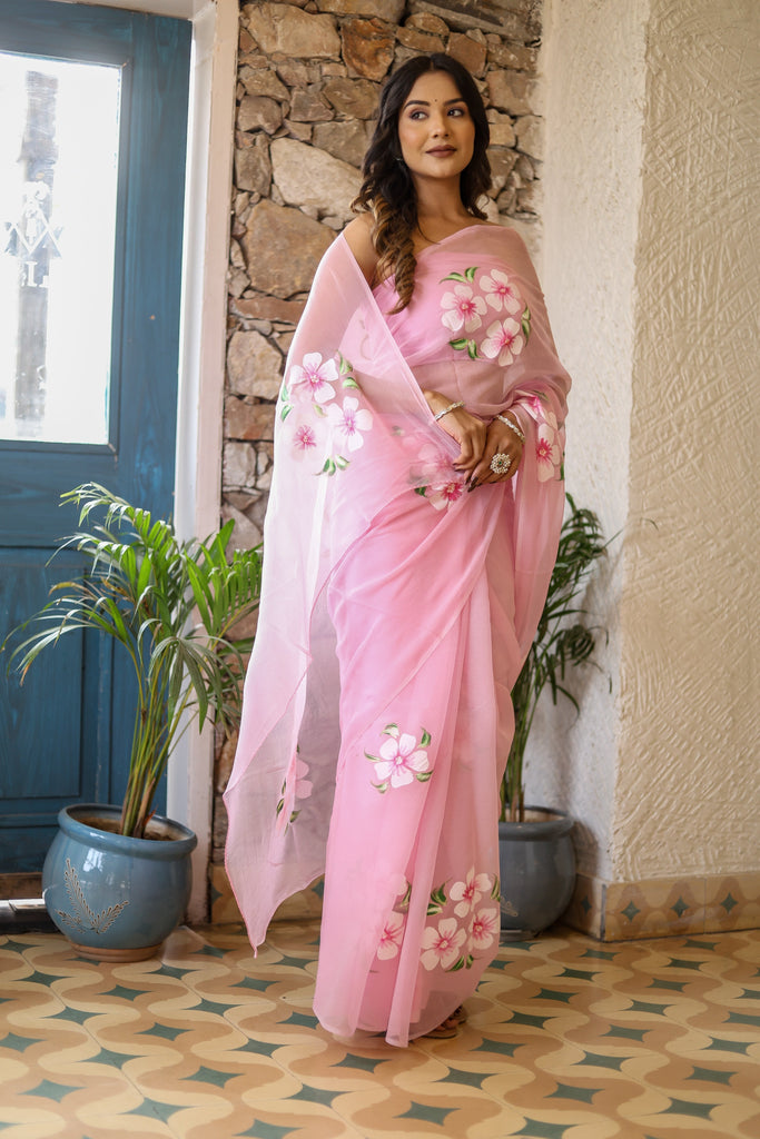 Blush Pink Georgette Saree with Hand-Painted White & Pink Floral Motifs – Attached Blouse – 5.5 Meters FANCY SAREES