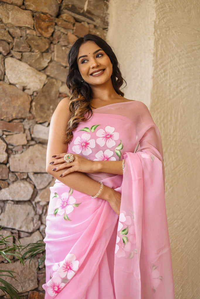 Blush Pink Georgette Saree with Hand-Painted White & Pink Floral Motifs – Attached Blouse – 5.5 Meters FANCY SAREES