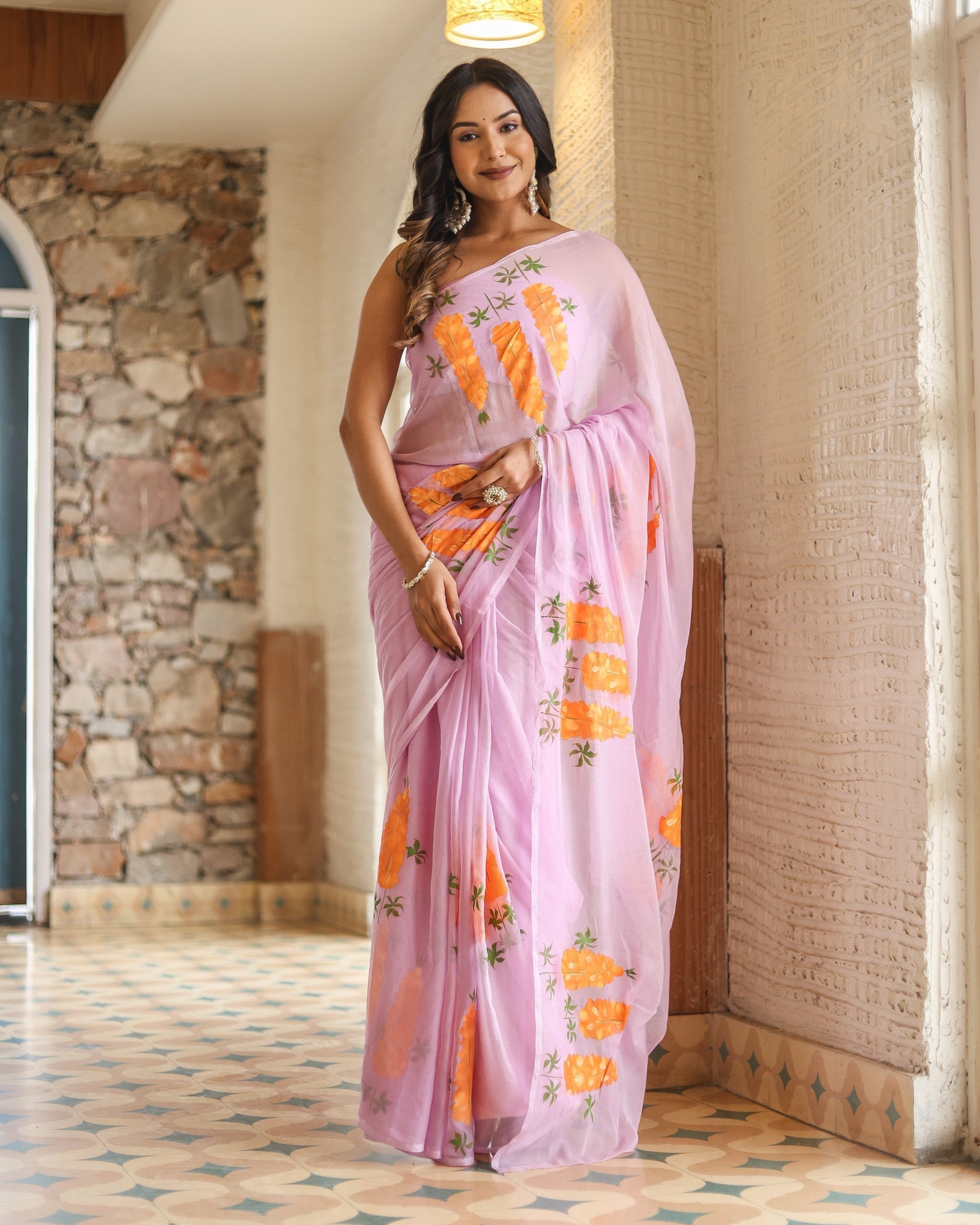 Lavender Georgette Saree with Hand-Painted Orange Marigold Floral Bunches – Attached Blouse – 5.5 Meters FANCY SAREES