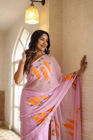 Lavender Georgette Saree with Hand-Painted Orange Marigold Floral Bunches – Attached Blouse – 5.5 Meters FANCY SAREES