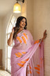 Load image into Gallery viewer, Lavender Georgette Saree with Hand-Painted Orange Marigold Floral Bunches – Attached Blouse – 5.5 Meters FANCY SAREES