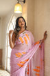 Load image into Gallery viewer, Lavender Georgette Saree with Hand-Painted Orange Marigold Floral Bunches – Attached Blouse – 5.5 Meters FANCY SAREES