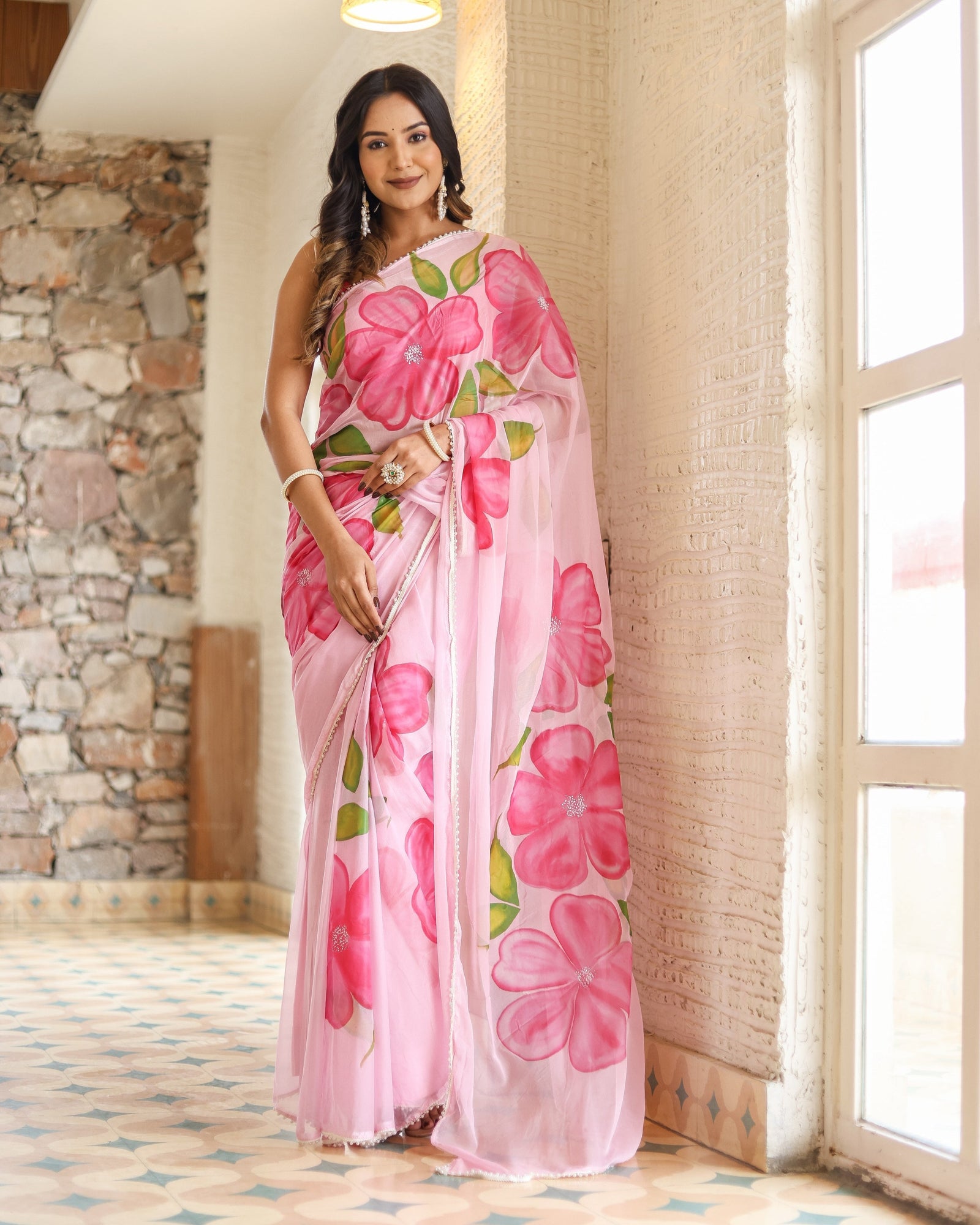 Blush Pink Georgette Saree with Oversized Hand-Painted Magenta Flowers & Bead Detailing – Attached Blouse – 5.5 Meters FANCY SAREES