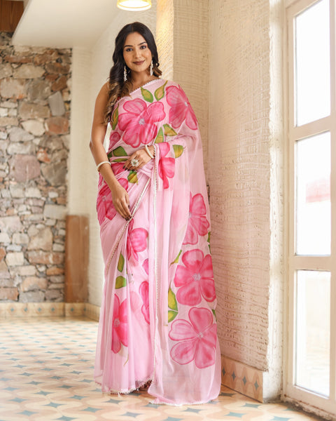 Blush Pink Georgette Saree with Oversized Hand-Painted Magenta Flowers & Bead Detailing – Attached Blouse – 5.5 Meters FANCY SAREES Main image
