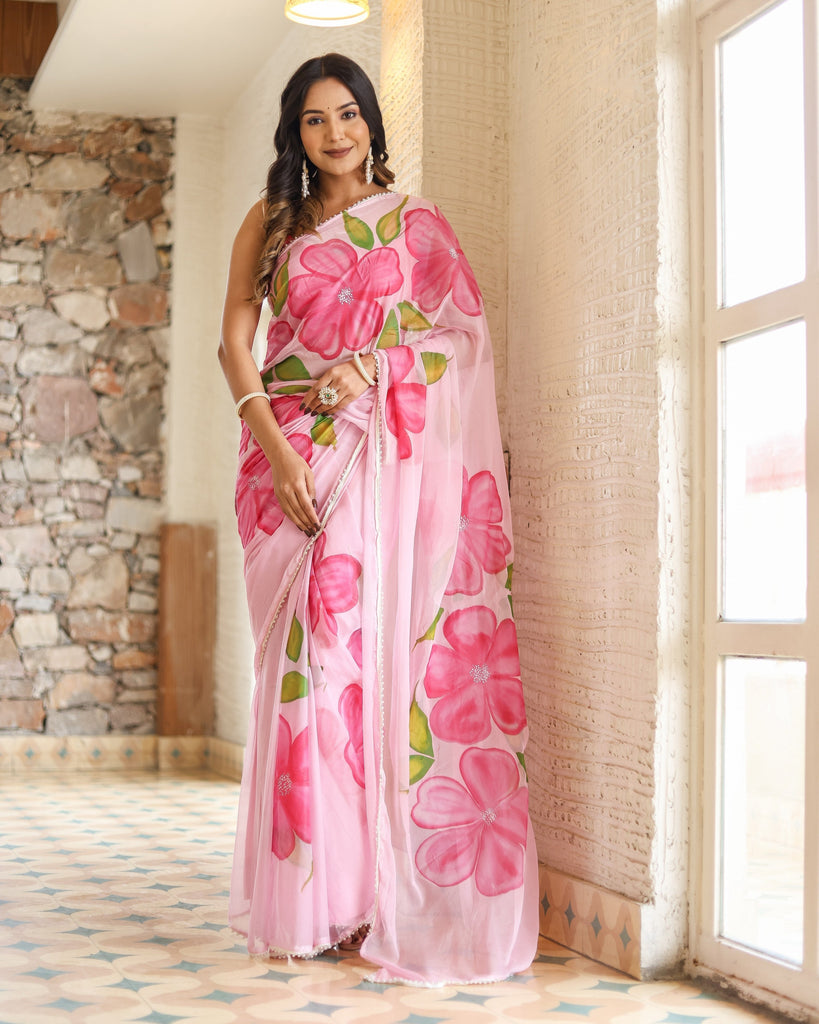 Blush Pink Georgette Saree with Oversized Hand-Painted Magenta Flowers & Bead Detailing – Attached Blouse – 5.5 Meters FANCY SAREES
