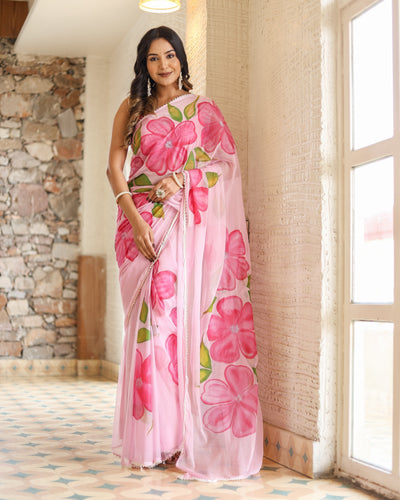 Blush Pink Georgette Saree with Oversized Hand-Painted Magenta Flowers & Bead Detailing – Attached Blouse – 5.5 Meters FANCY SAREES