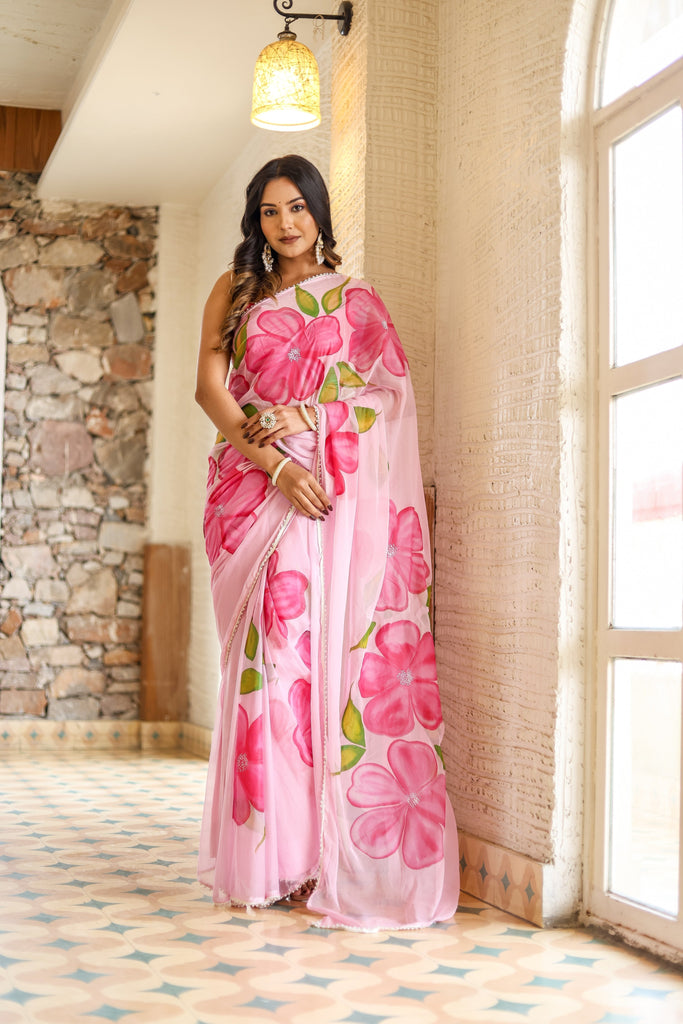 Blush Pink Georgette Saree with Oversized Hand-Painted Magenta Flowers & Bead Detailing – Attached Blouse – 5.5 Meters FANCY SAREES
