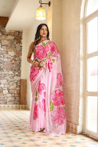 Blush Pink Georgette Saree with Oversized Hand-Painted Magenta Flowers & Bead Detailing – Attached Blouse – 5.5 Meters FANCY SAREES