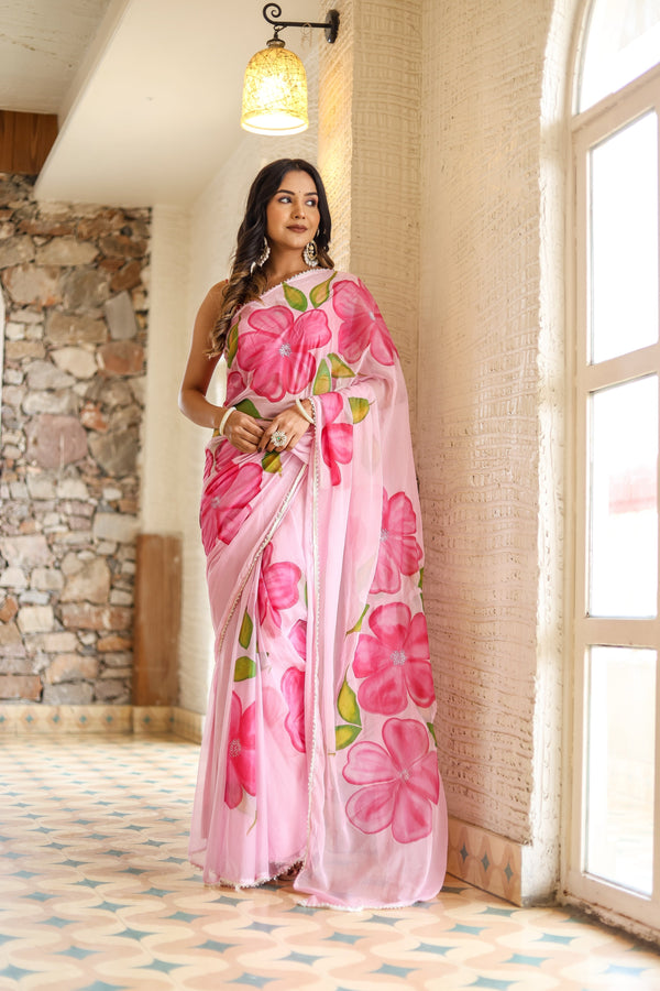 Blush Pink Georgette Saree with Oversized Hand-Painted Magenta Flowers & Bead Detailing – Attached Blouse – 5.5 Meters FANCY SAREES