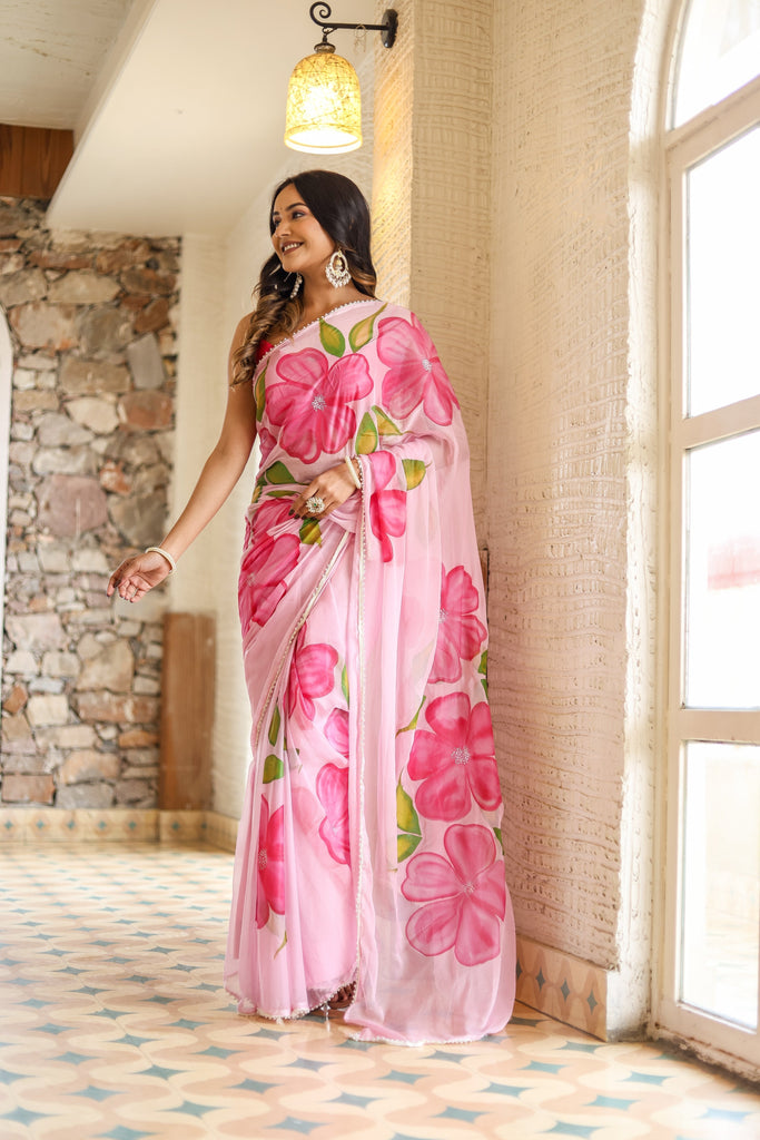 Blush Pink Georgette Saree with Oversized Hand-Painted Magenta Flowers & Bead Detailing – Attached Blouse – 5.5 Meters FANCY SAREES