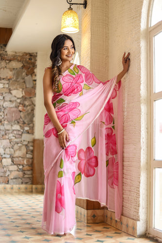 Blush Pink Georgette Saree with Oversized Hand-Painted Magenta Flowers & Bead Detailing – Attached Blouse – 5.5 Meters FANCY SAREES